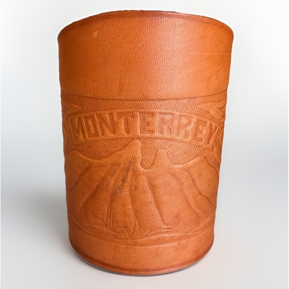 VTG Monterrey‎ Embossed Leather Koozie Brown Snap Wrap Beer Bottle Holder Sleeve
